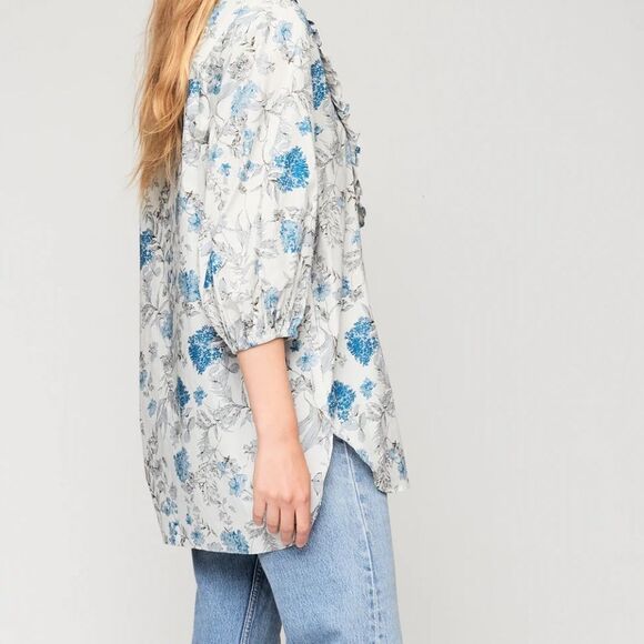 SECULAR LAB Liberty Print Floral Print White Blue Button Mock Neck Tunic Sz XS - Picture 3 of 14